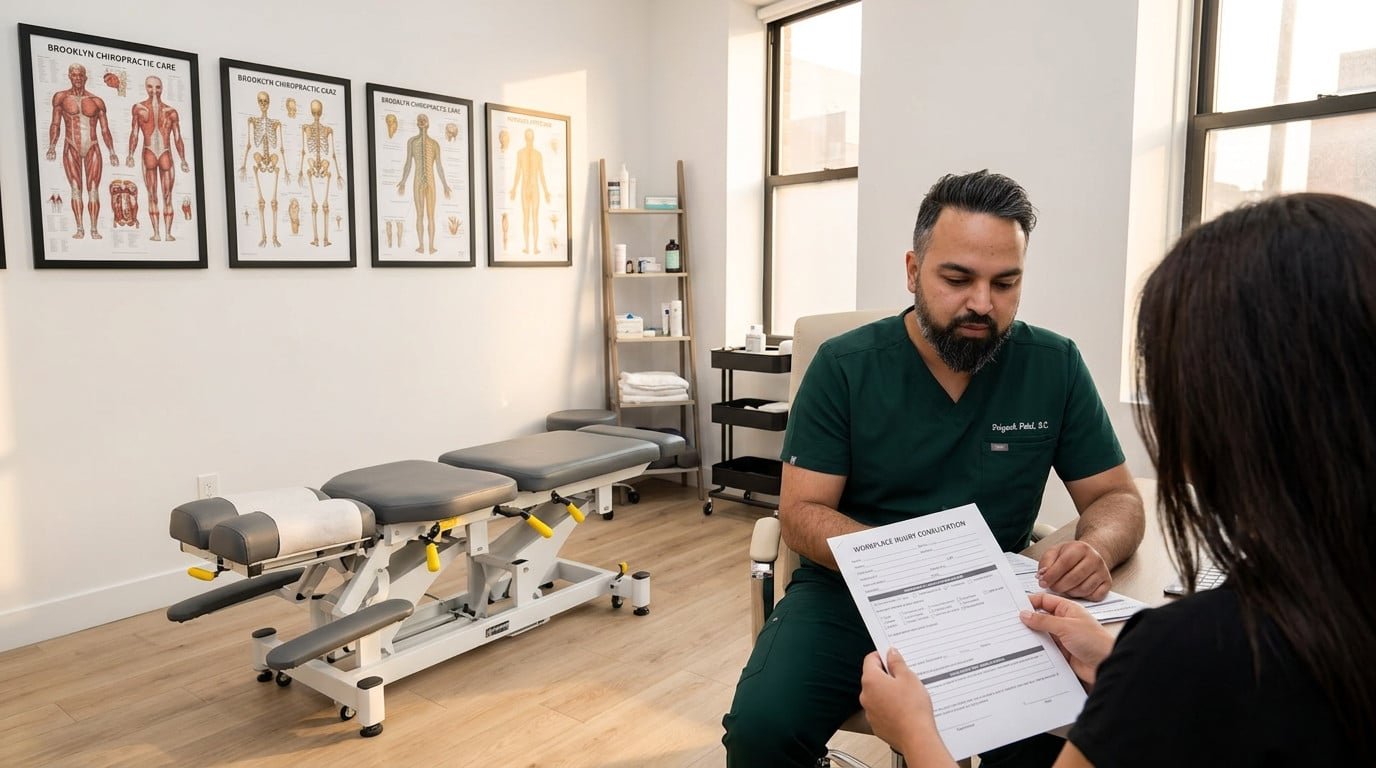Dr. Patel reviewing workers comp chiropractic treatment in Brooklyn at Brooklyn Chiropractic Care, 112 Greenpoint Ave
