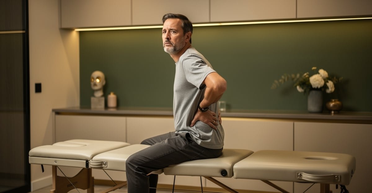 Patient with lower back pain seated on a chiropractic treatment table