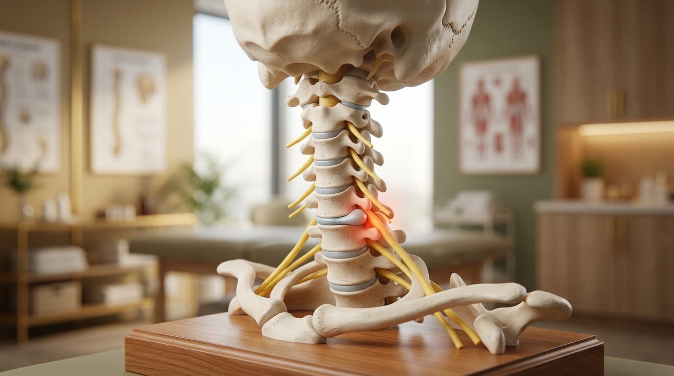 Cervical spine model showing a compressed nerve root at C5-C6