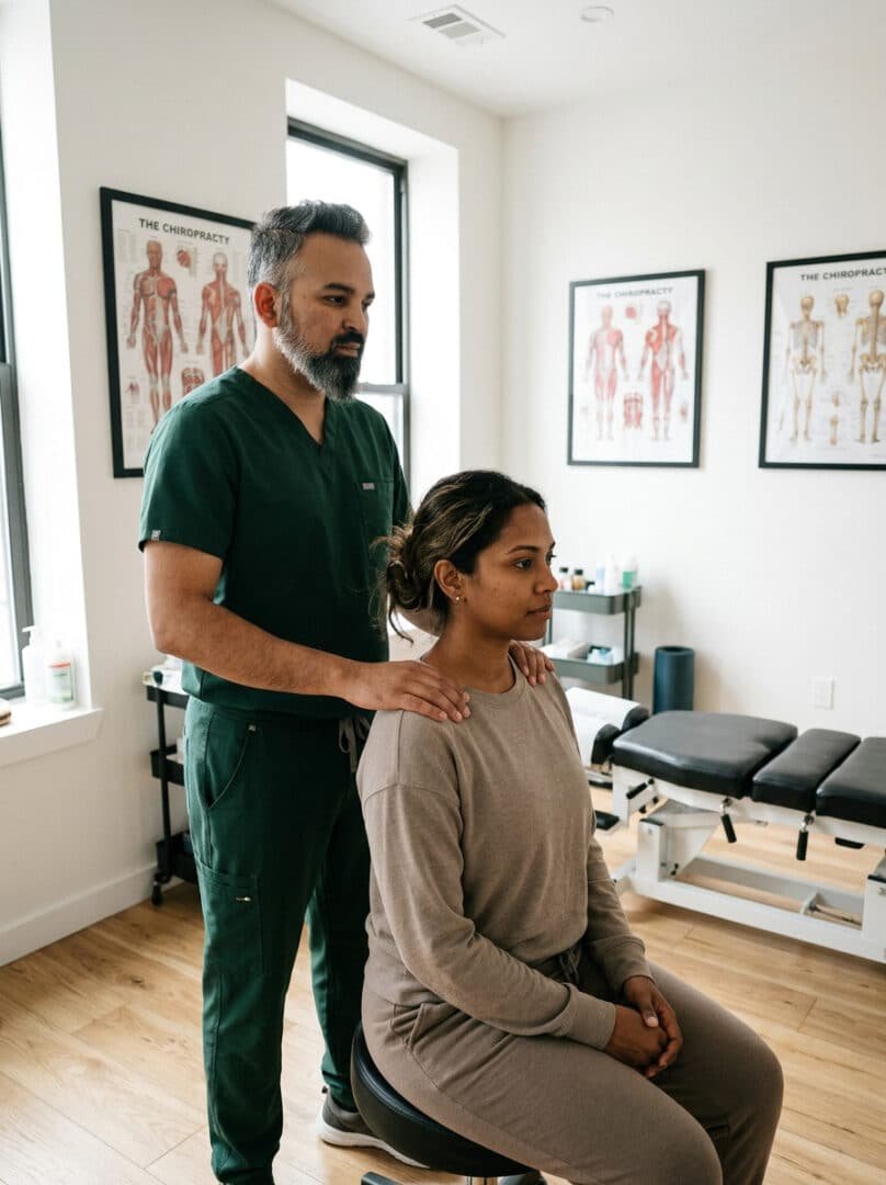 Dr. Patel checking one shoulder higher than the other in a posture exam at Brooklyn Chiropractic Care