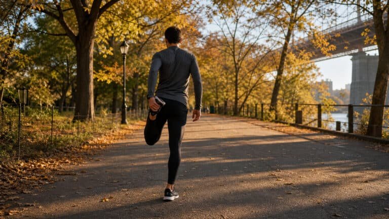 Recreational athlete stretching on a Brooklyn park path before a run