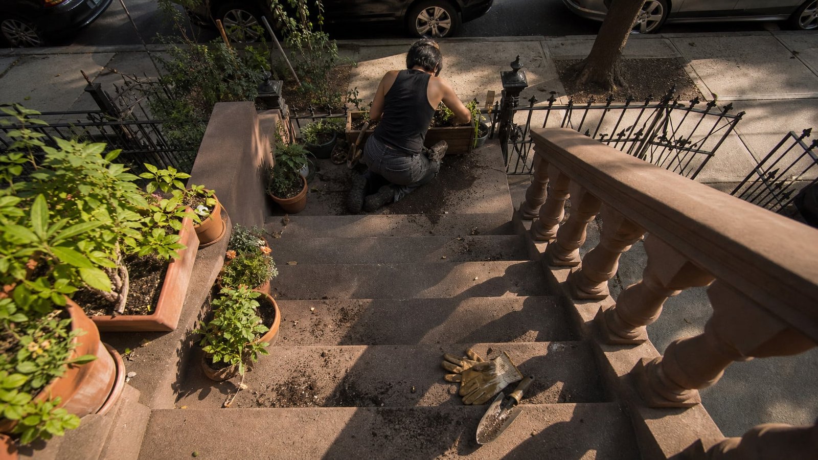 Gardening back pain in Brooklyn brownstone stoop with planters at Brooklyn Chiropractic Care Greenpoint