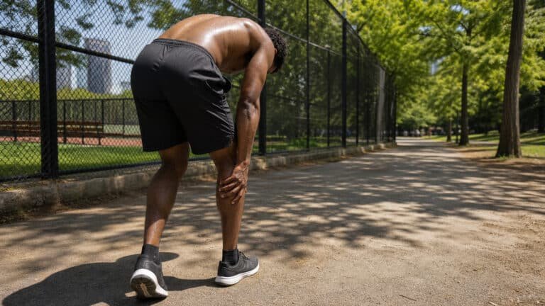 Runner gripping a cramping calf during summer heat, muscle cramps in Brooklyn treated at Brooklyn Chiropractic Care in Greenpoint
