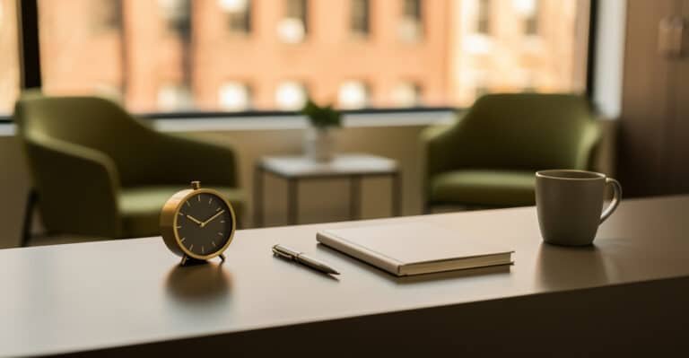 Quiet Brooklyn chiropractic office reception with a desk clock and appointment planner