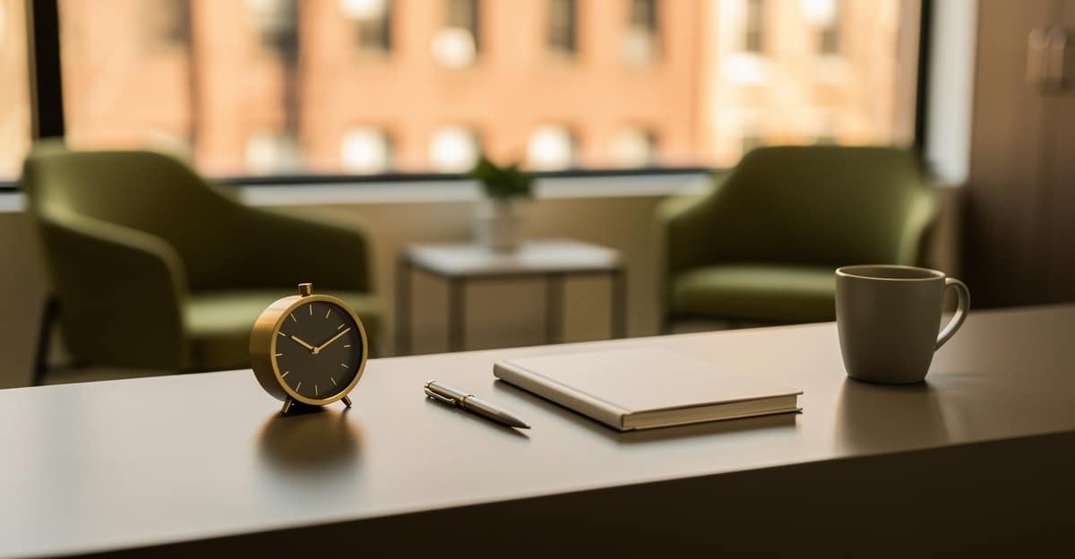 Quiet Brooklyn chiropractic office reception with a desk clock and appointment planner