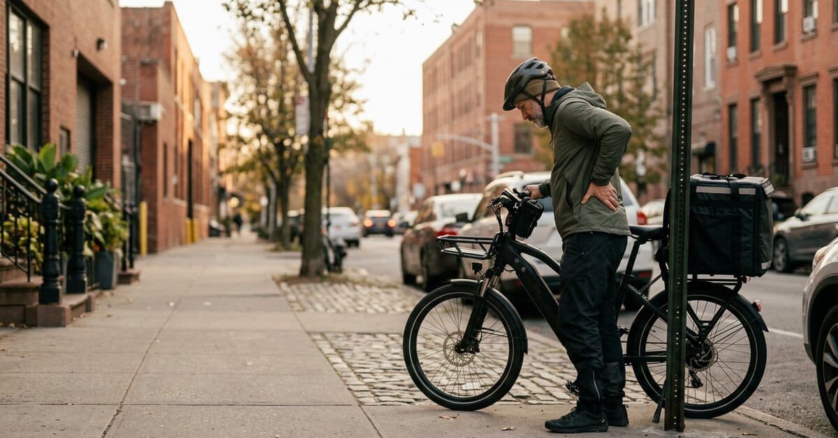 Delivery bike courier standing beside an e-bike on a Brooklyn street with low back discomfort