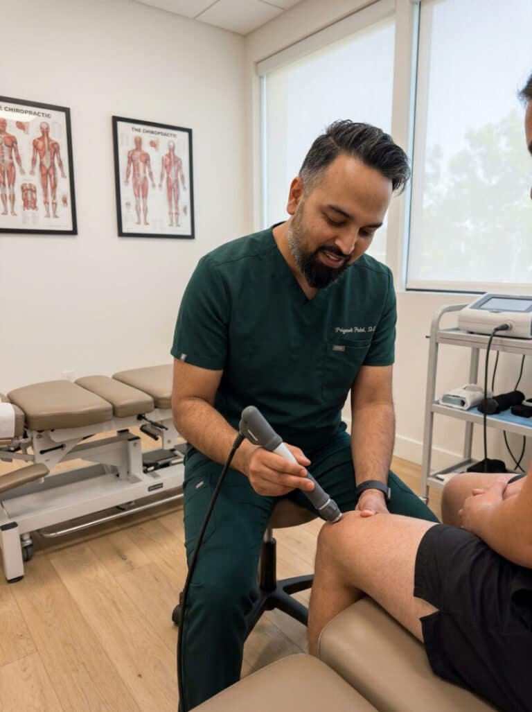 Knee pain treatment in Brooklyn, Dr. Patel applying shockwave therapy to a patient knee at Brooklyn Chiropractic Care