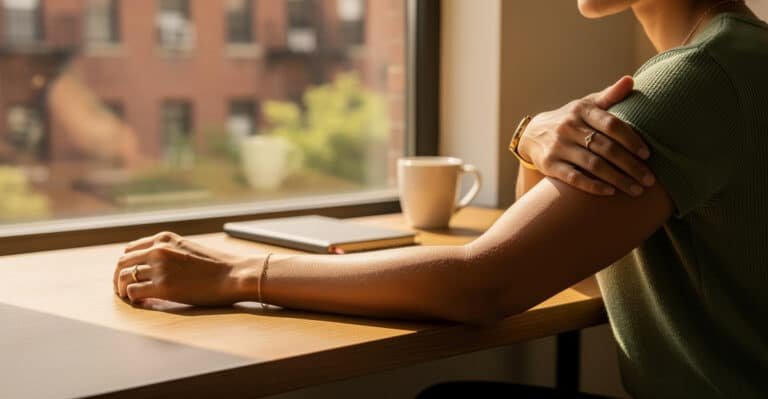 Person experiencing neck-to-arm discomfort associated with thoracic outlet syndrome in Brooklyn