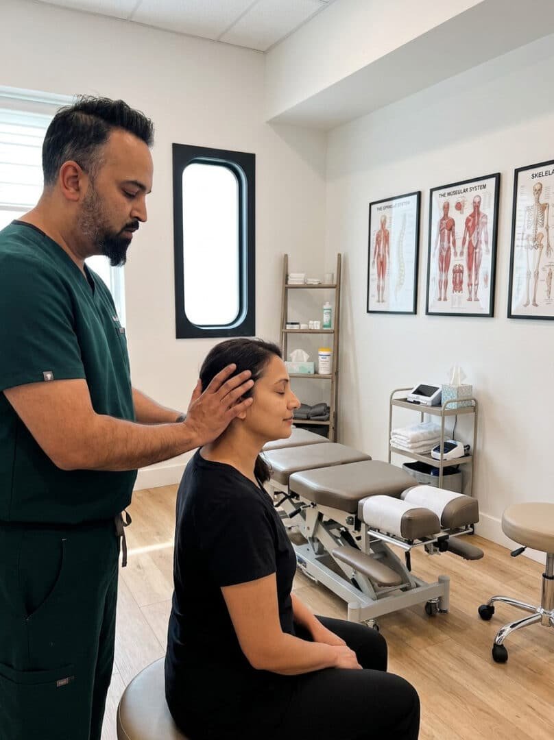Dr. Patel assessing a seated patient upper neck for vertigo in Brooklyn at Brooklyn Chiropractic Care