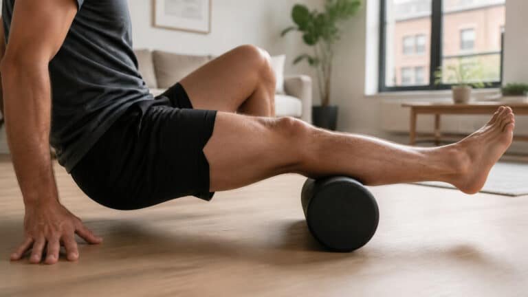 Person foam rolling calf muscle for tight muscle relief at Brooklyn Chiropractic Care in Greenpoint