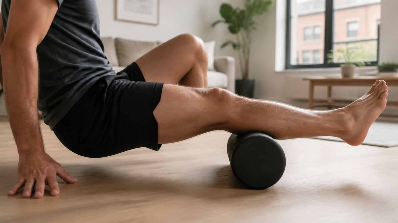 Person foam rolling calf muscle for tight muscle relief at Brooklyn Chiropractic Care in Greenpoint