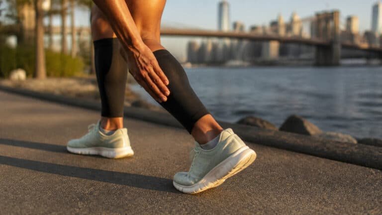 Runner holding shin splints in Brooklyn along waterfront path near Brooklyn Chiropractic Care Greenpoint
