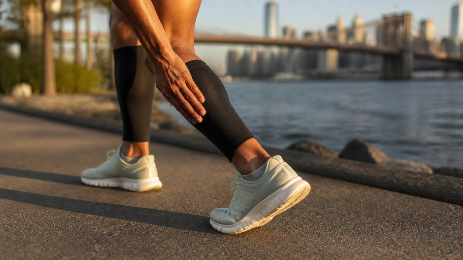 Runner holding shin splints in Brooklyn along waterfront path near Brooklyn Chiropractic Care Greenpoint
